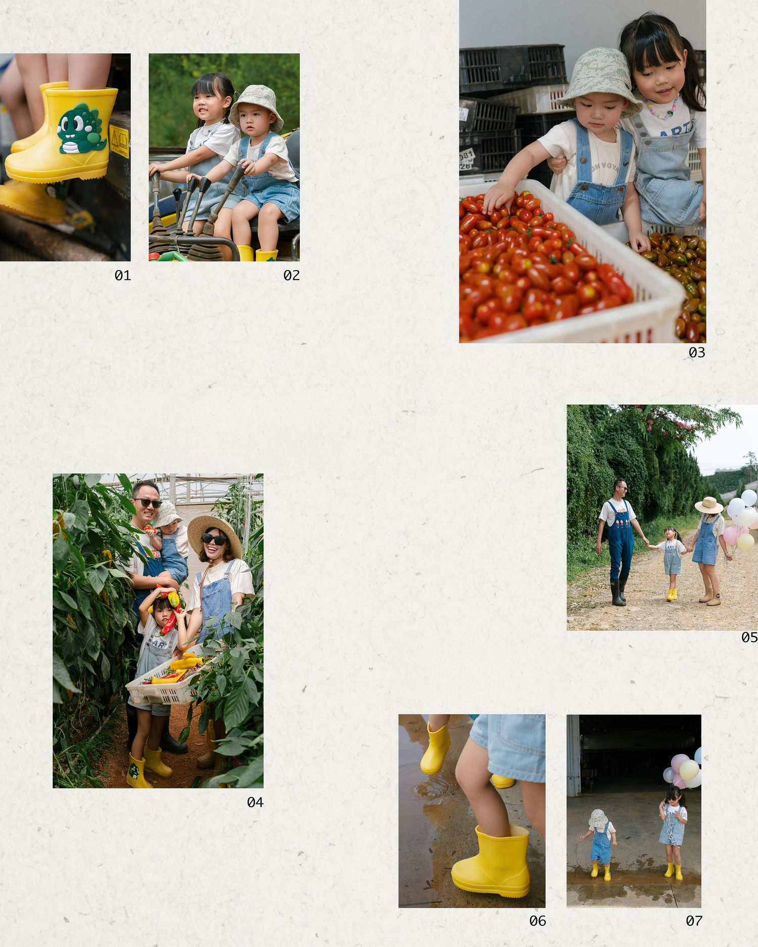 A collage of a young girl and woman farming, picking tomatoes, wearing yellow rain boots and denim overalls on a sunny day.