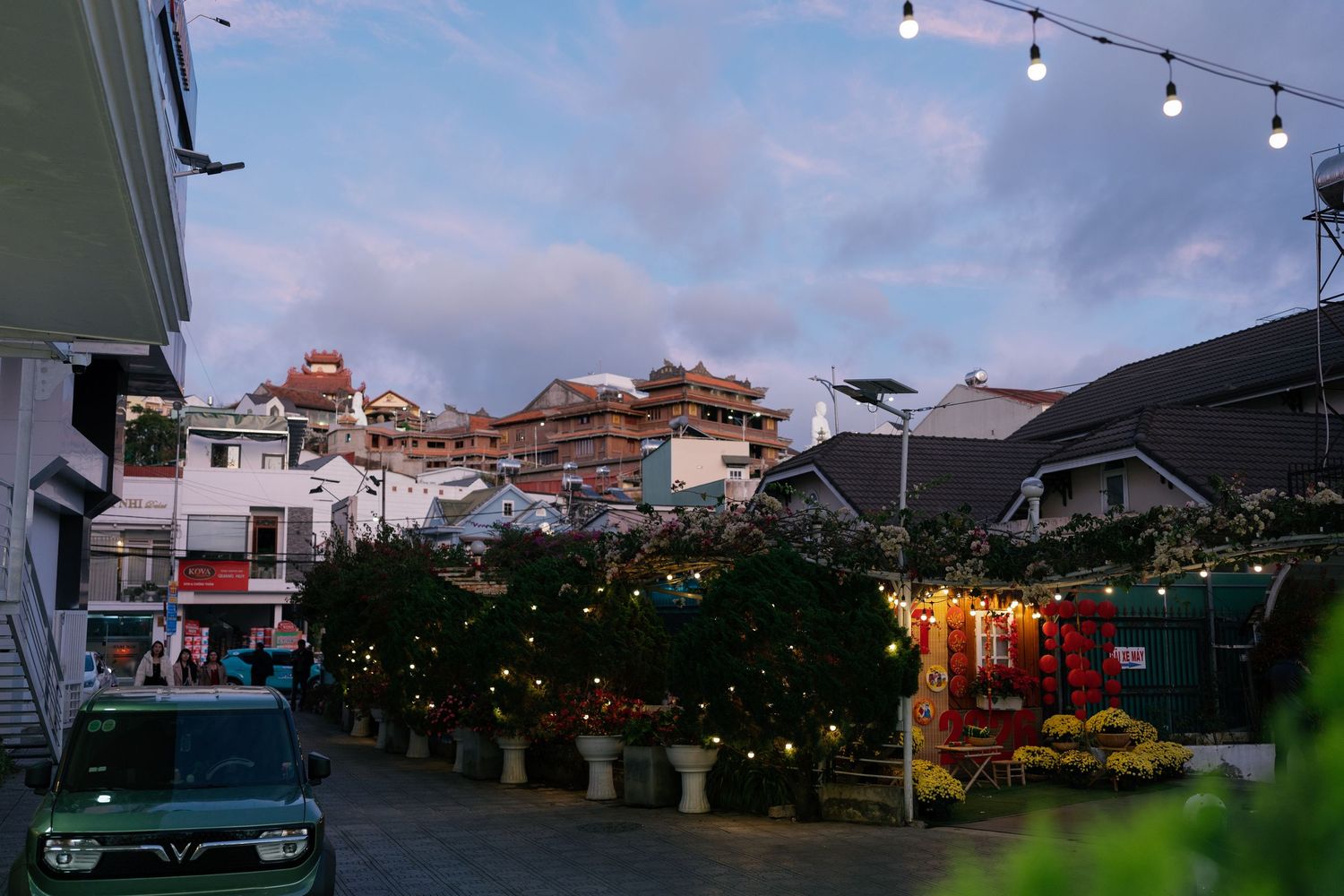 Twilight view of a Vietnamese neighborhood street decorated with kumquat trees and string lights.