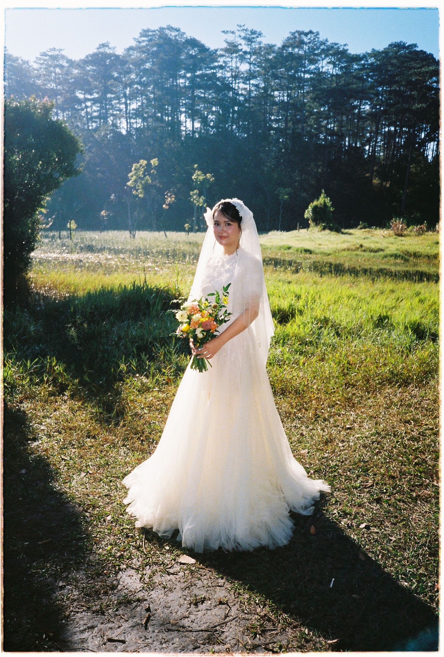 A bride in a flowing white gown and veil holds a yellow bouquet in a sunny pine forest.