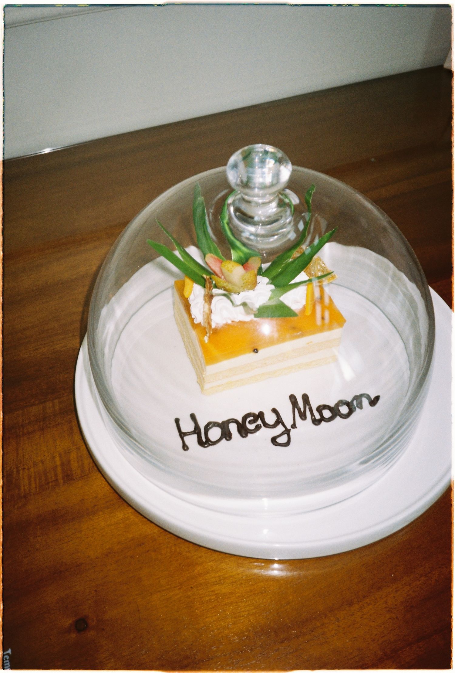 A honeymoon cake slice under a glass dome cloche on a white plate, decorated with tropical greenery.