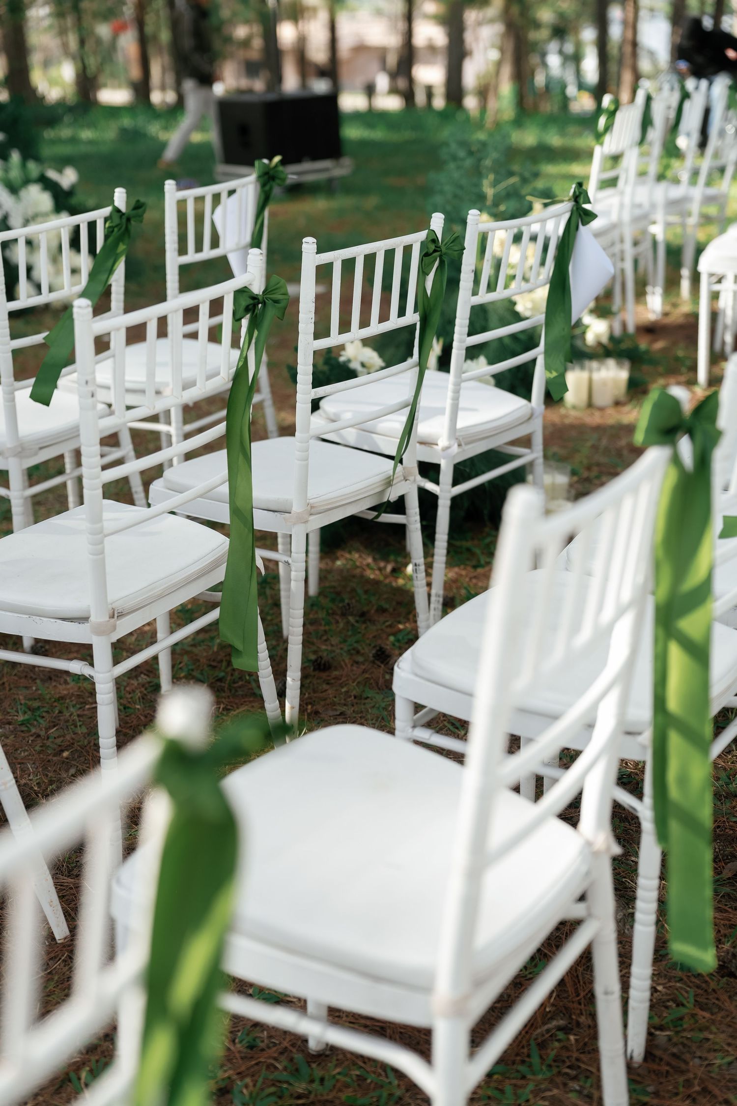 Elegant white chiavari chairs decorated with green ribbon bows at outdoor wedding ceremony.