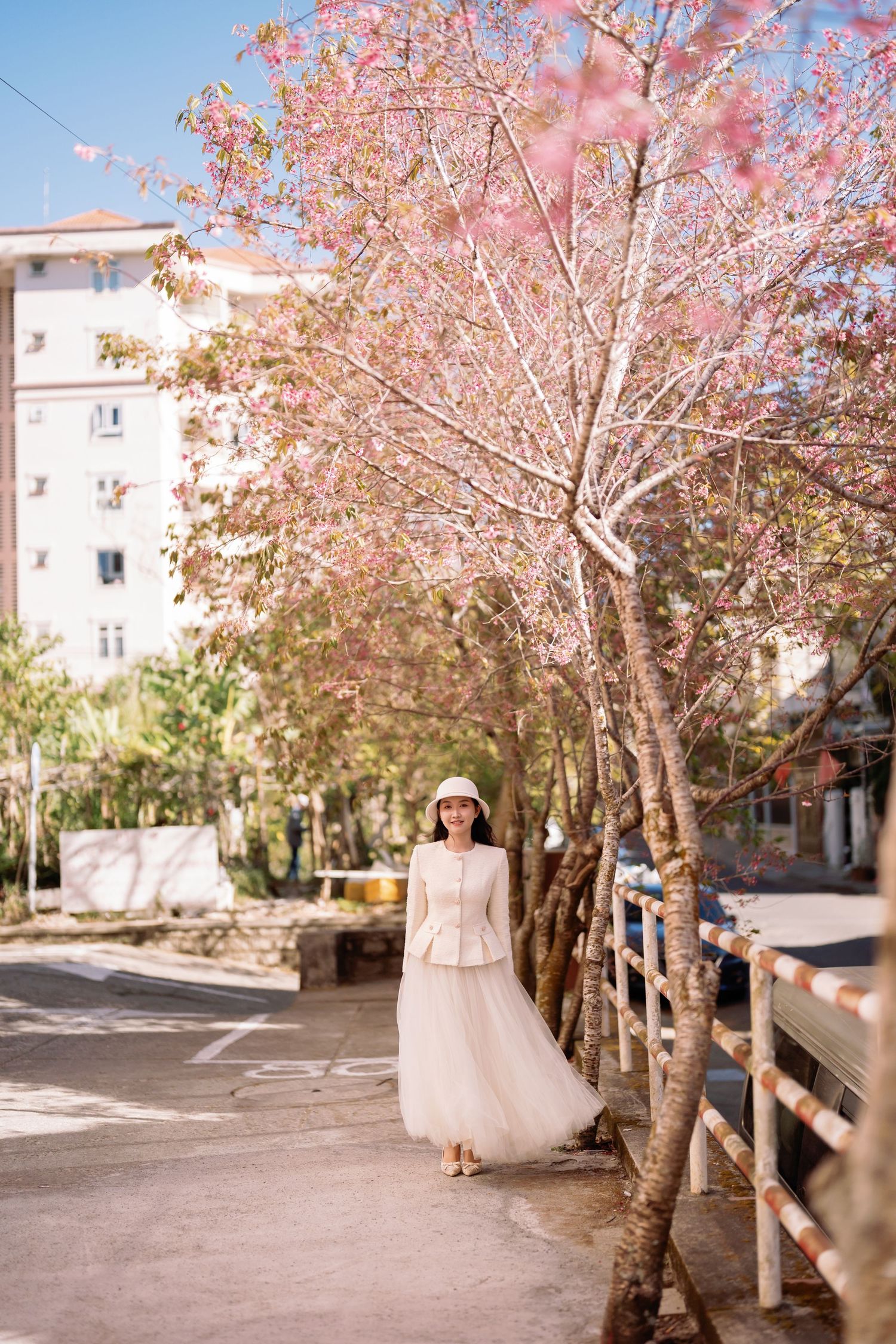 Woman in white dress and hat strolling under pink cherry blossom trees on a sunny urban pathway.
