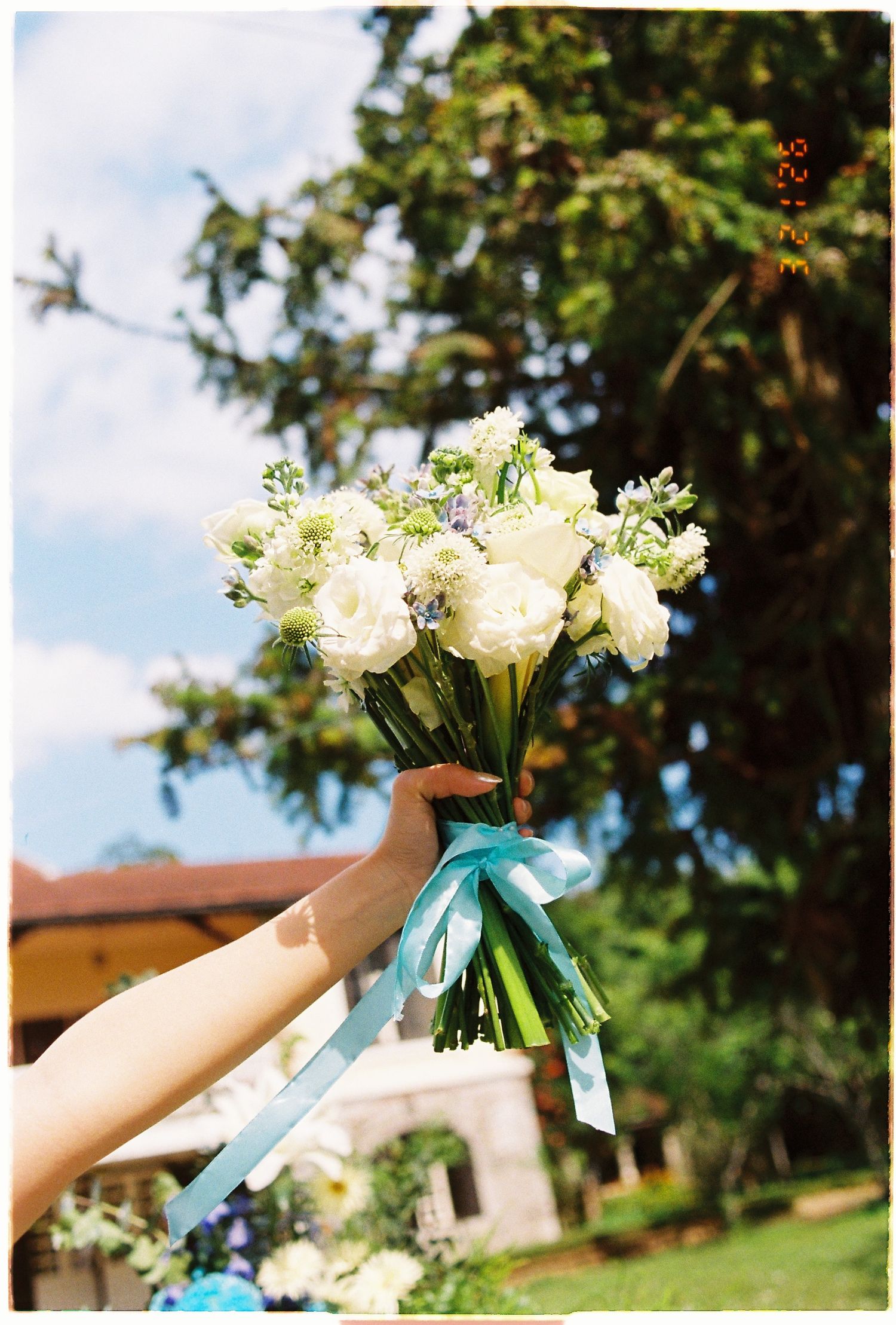 Hand holding a white flower bouquet with teal ribbon outdoors against blue sky and green trees.