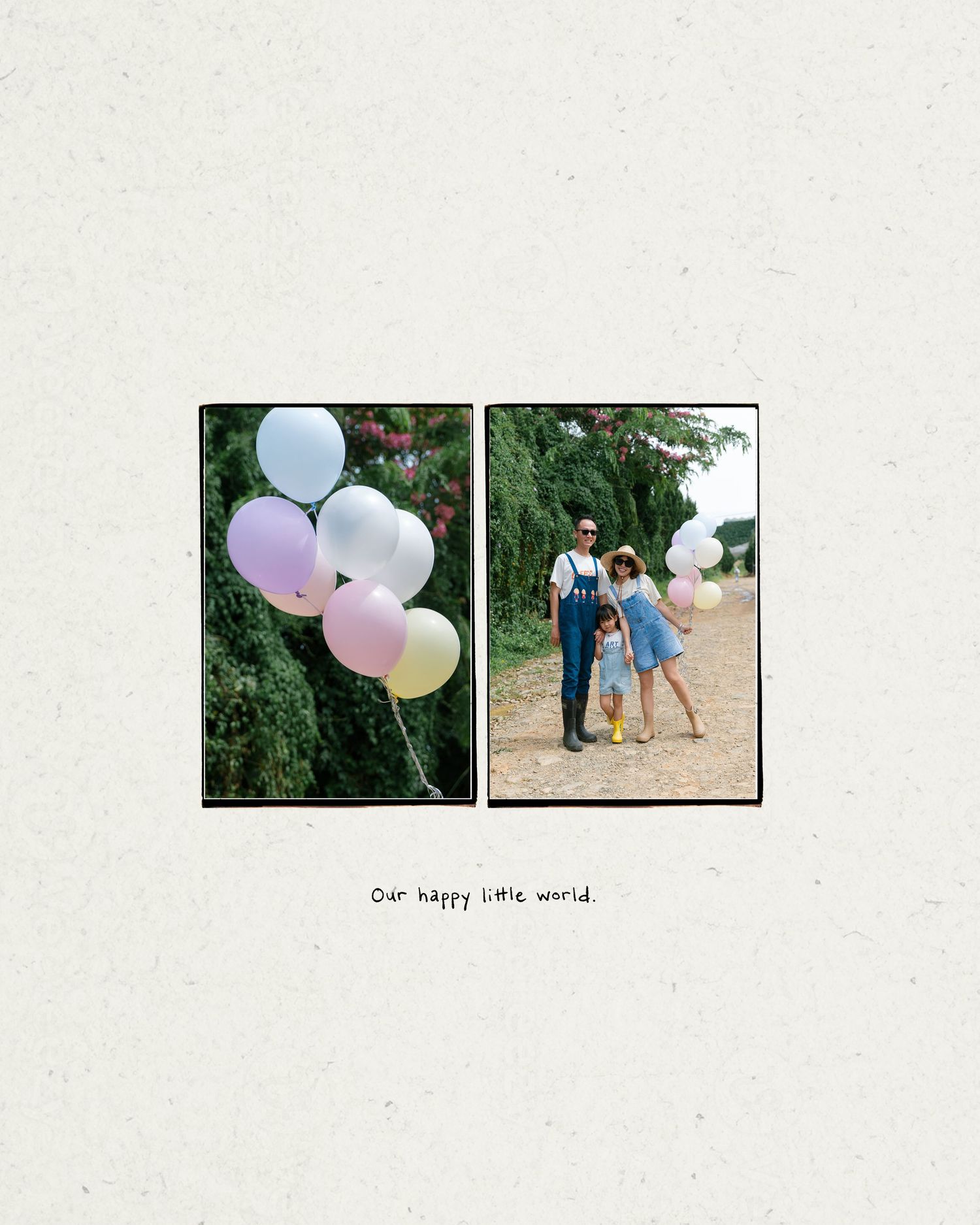 A collage of pastel balloons among green trees and a parent with child in blue outfits on a dirt path.