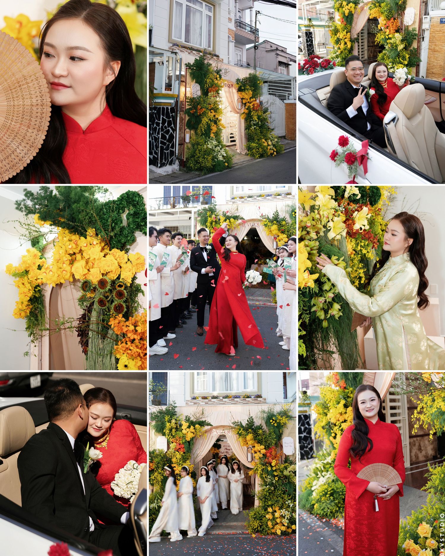 Vietnamese wedding ceremony with bride in red ao dai, yellow floral arch, white-dressed bridesmaids, and elegant outdoor celebration.