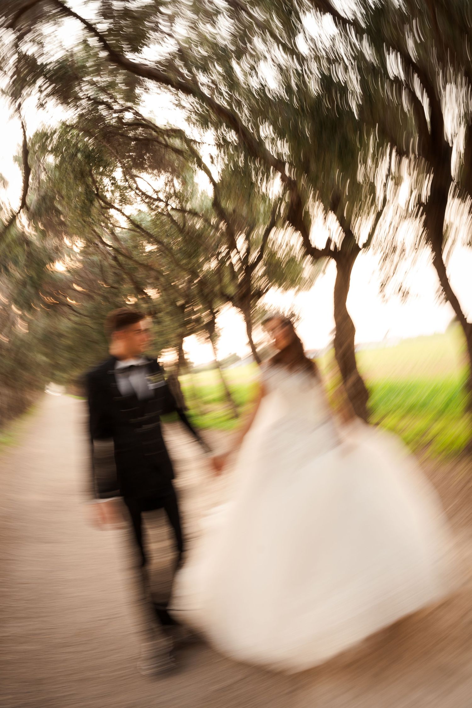 Gli sposi camminano mano nella mano tra gli alberi, ritratti con un effetto mosso durante il giorno del matrimonio.
