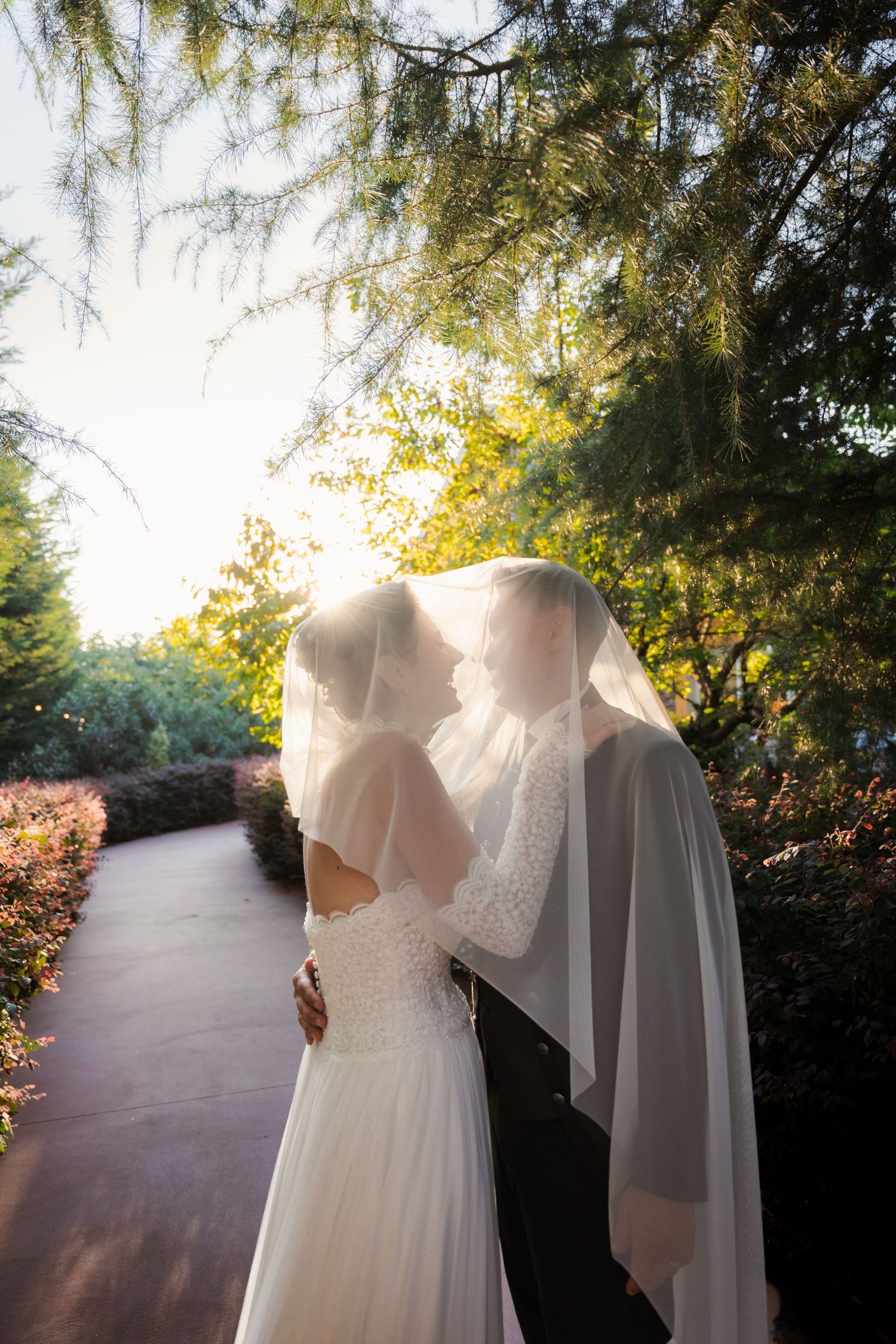 Sposi che si baciano sotto il velo durante il loro matrimonio, in un giardino illuminato dal sole che tramonta.