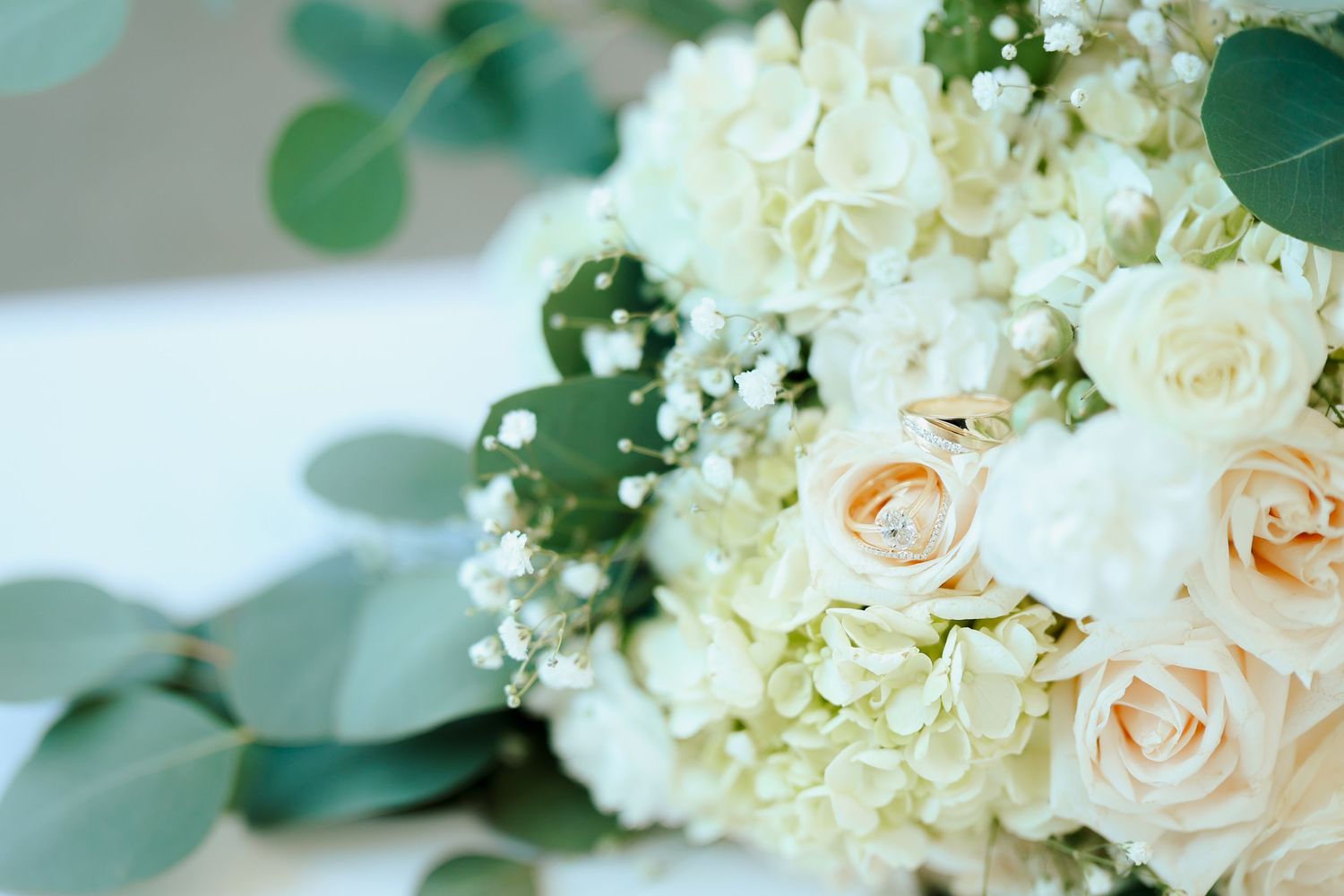 Wedding bouquet of white hydrangeas, cream roses, baby's breath, and eucalyptus leaves.
