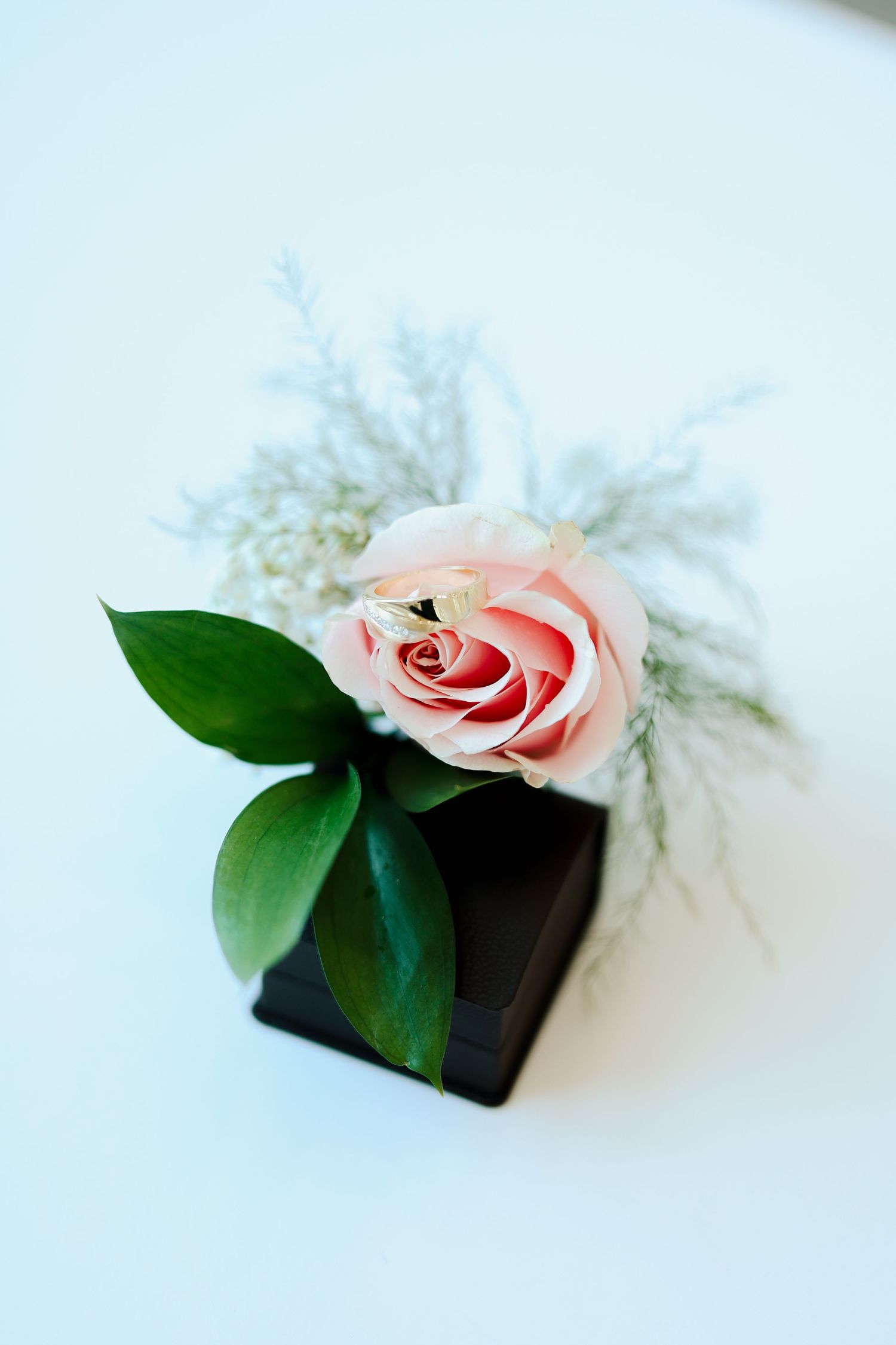 Pink rose boutonniere with greenery and white filler flowers in black square vase.