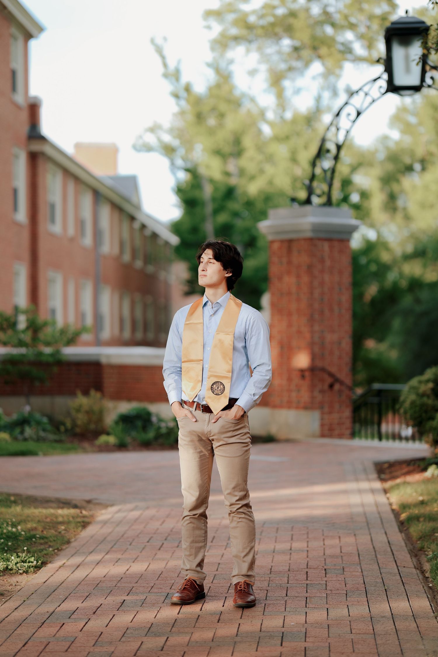 Young male graduate in blue shirt with gold stole stands on brick campus path looking up.