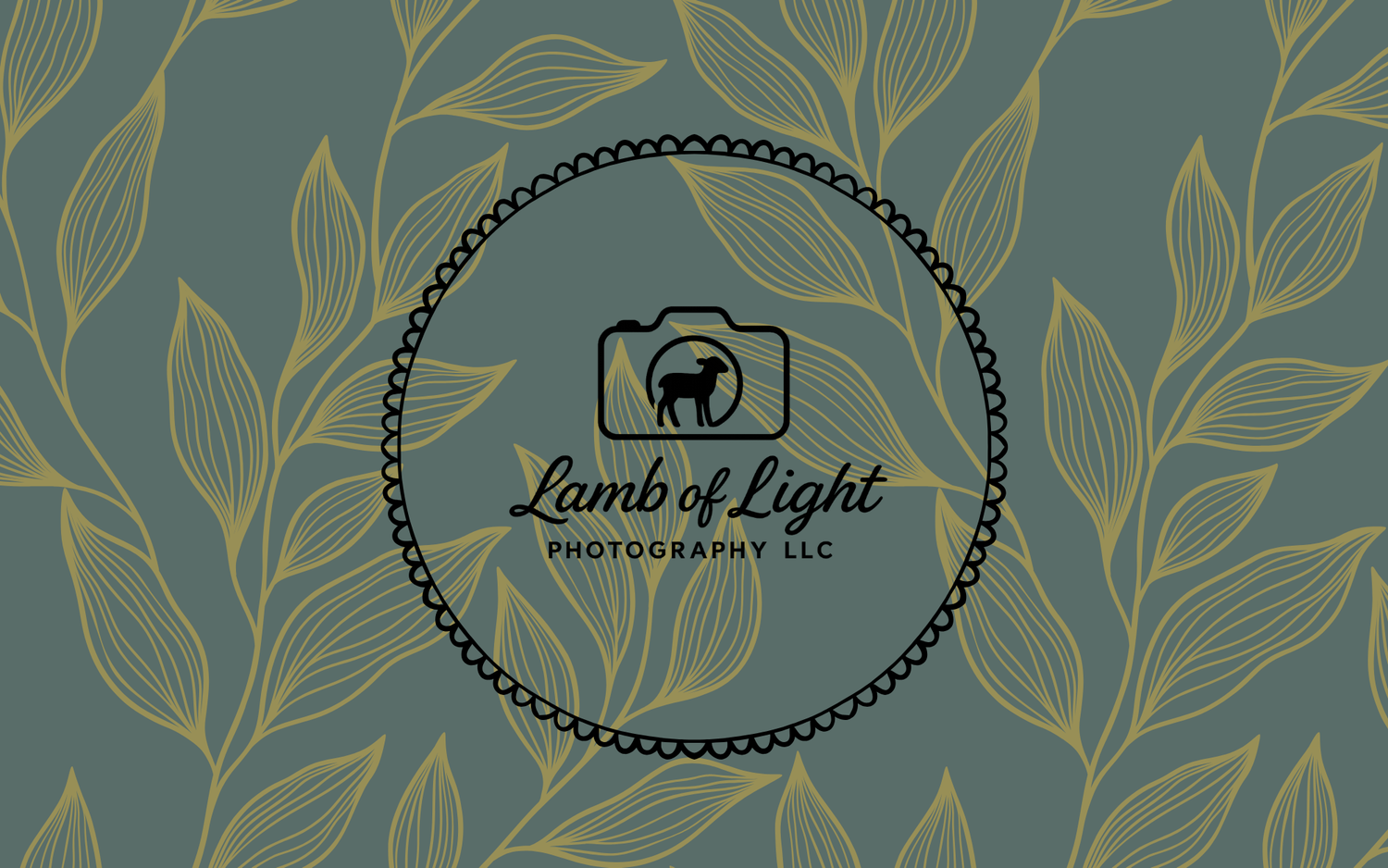Lamb of Light Photography LLC logo on a sage green background with gold botanical leaf pattern design.
