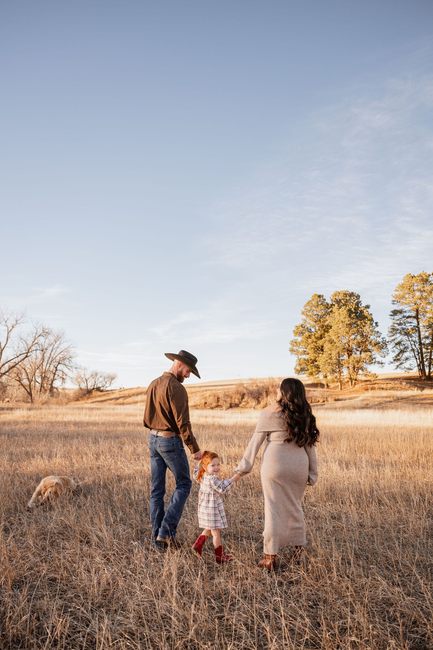 Family walks together through a golden autumn field at sunset with tall grass and trees in the background.