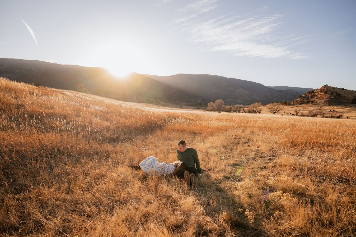 A scenic panoramic view of golden rolling hills at sunset with warm light illuminating the dry grasslands.