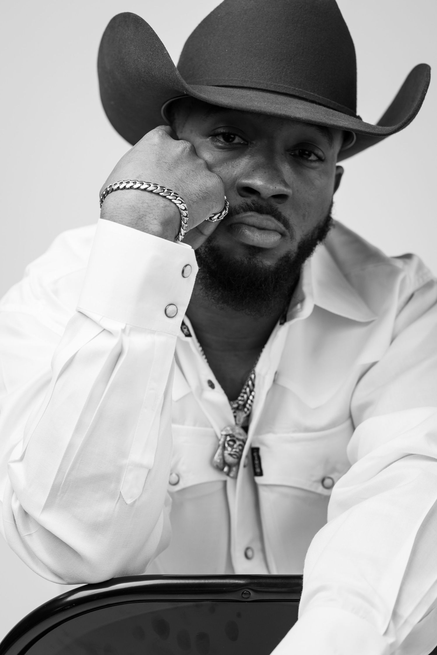 High fashion editorial portrait  emotion . cowboy black and white