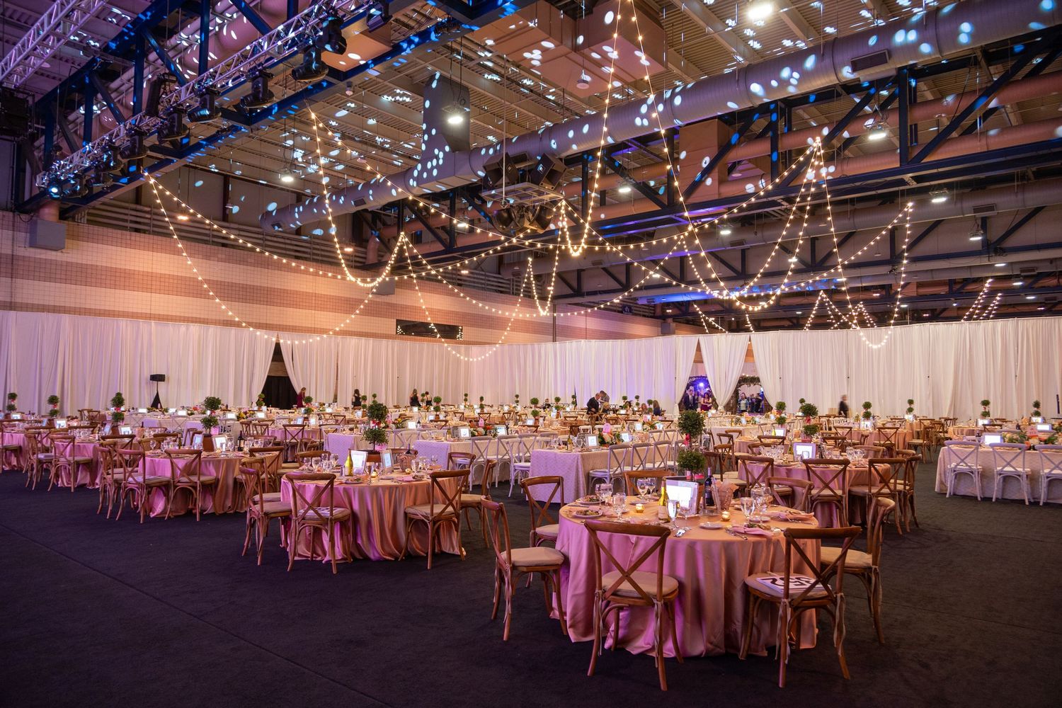 Elegant banquet hall with string lights, pink tablecloths, and gold chairs set for a formal dinner.