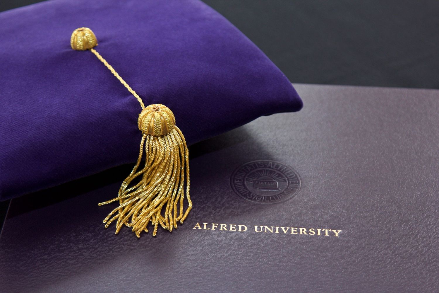 Alfred University purple graduation cap with gold tassel placed on a dark diploma cover.