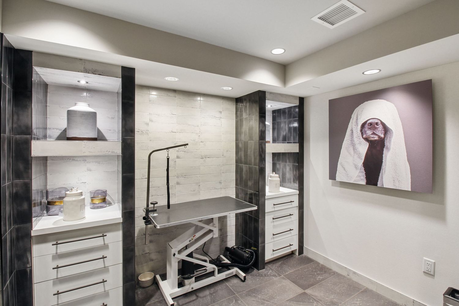 Modern pet grooming station with adjustable table, built-in shelving, and decorative dog portrait on the wall.