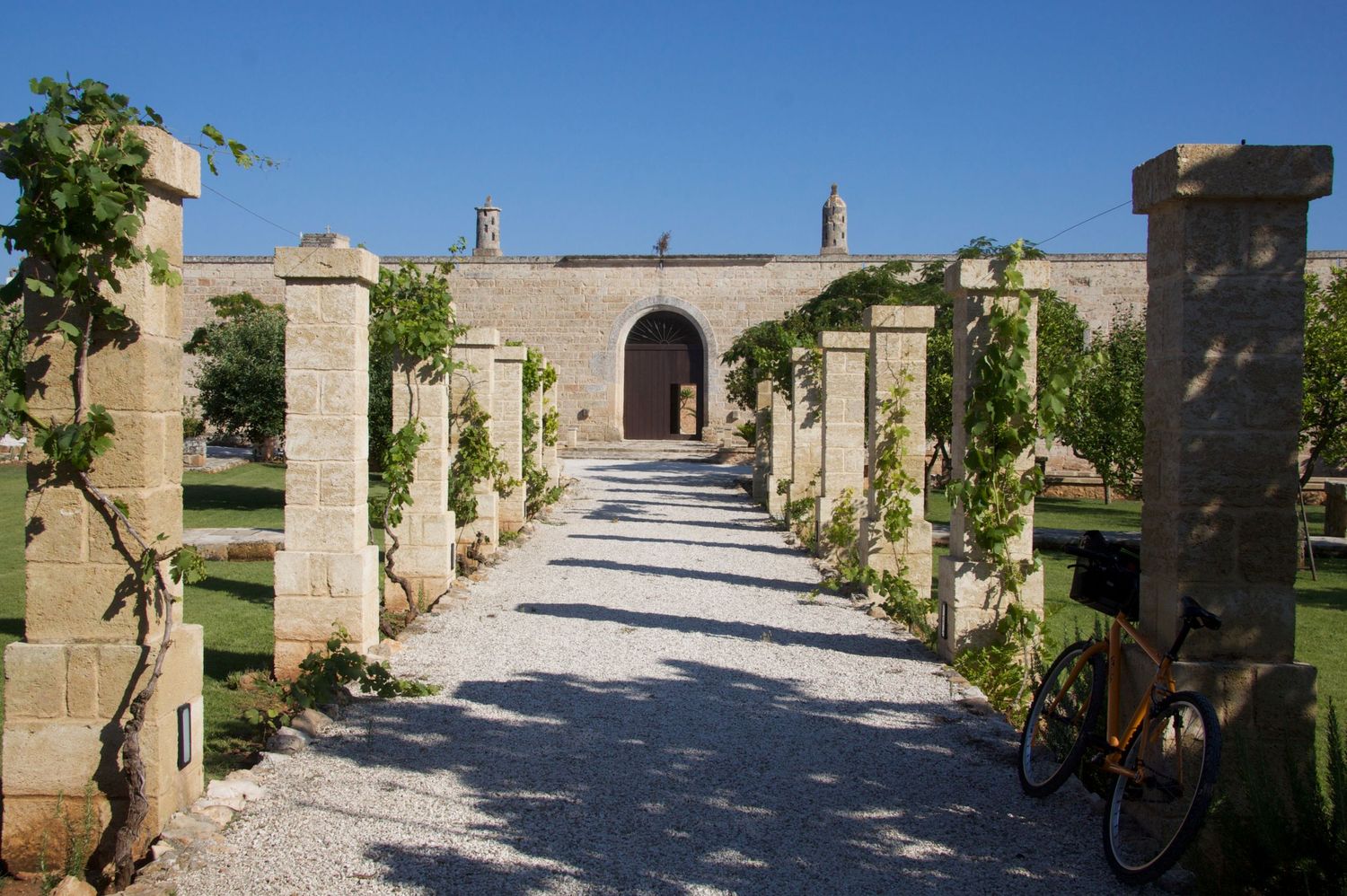 Tree-lined gravel pathway with stone columns and climbing vines leading to an arched entrance of an Italian estate.