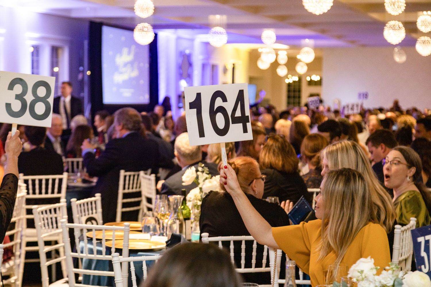 Attendees raise numbered bidding paddles during a charity auction at an elegant ballroom fundraiser.
