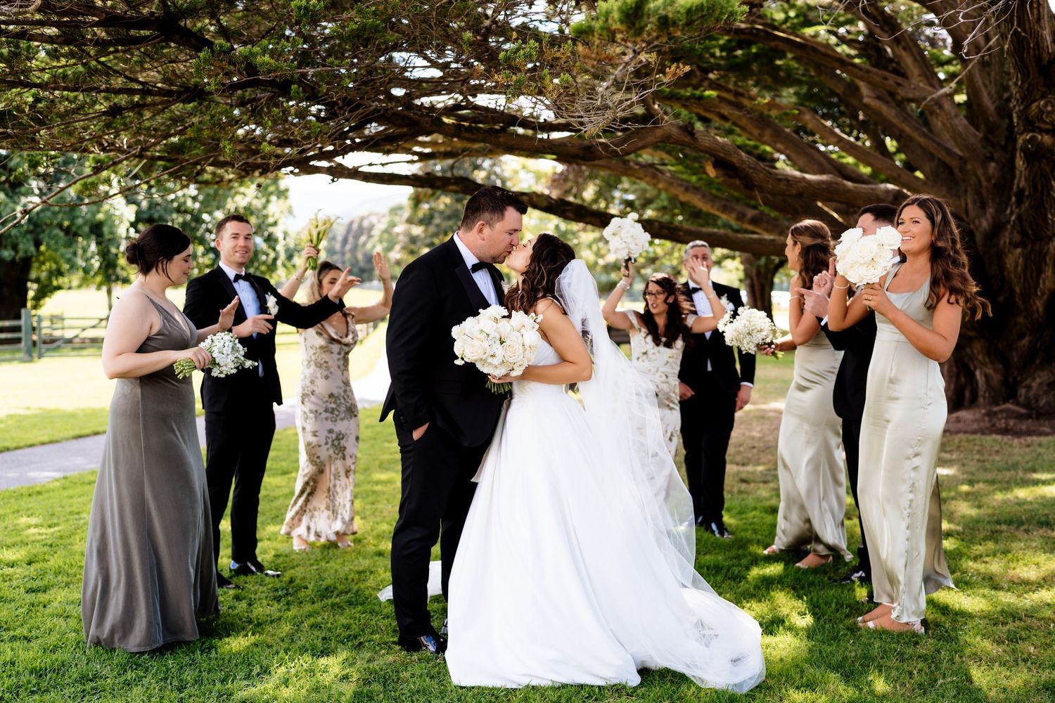 A wedding party gathers under a tree branch on a sunny day, with the bride and groom embracing in the center.