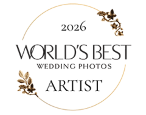Gold and brown circular award badge designs for World's Best Wedding Photographer and Artist against white background.