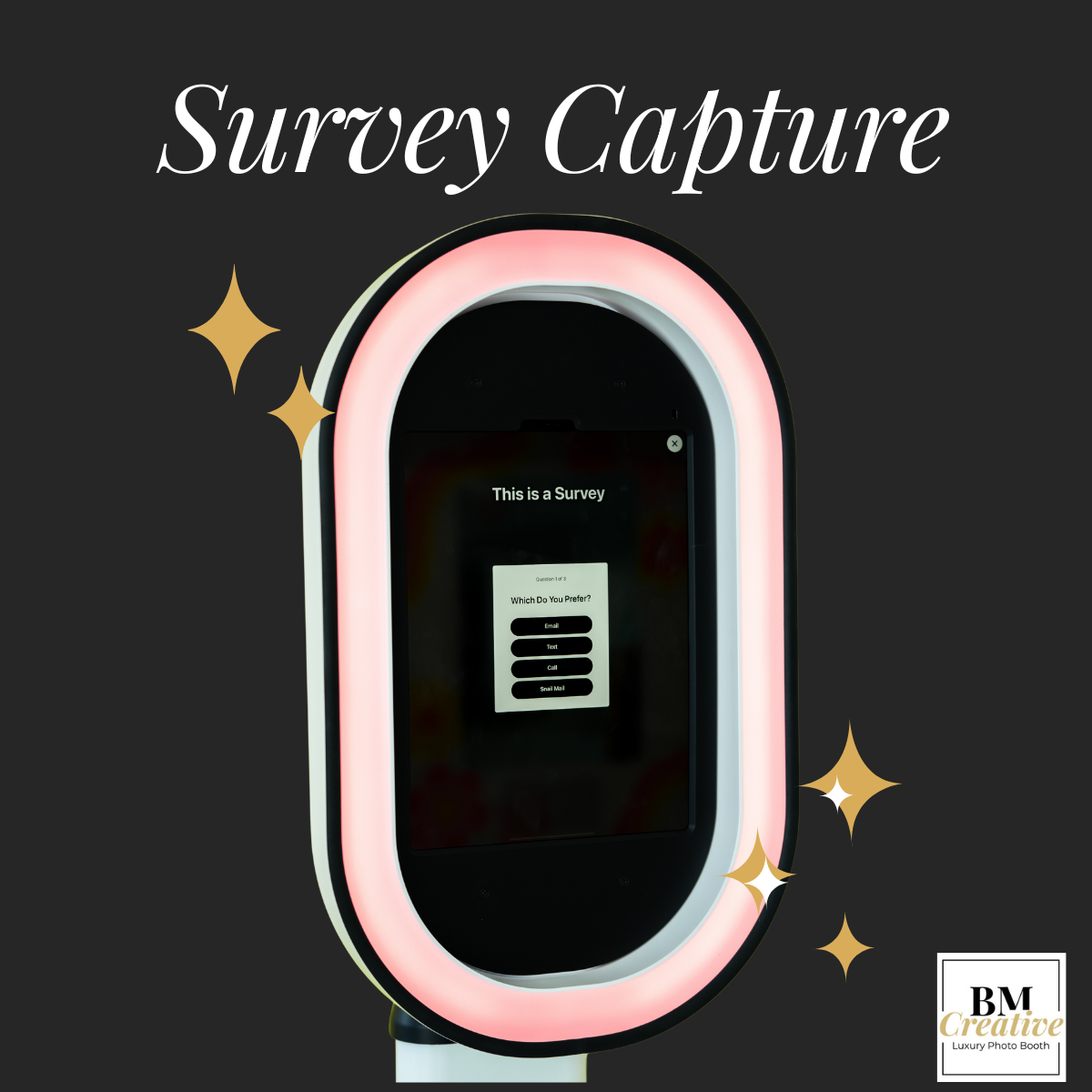 A series of minimalist app interface mockups showing survey capture screens with pink and black color scheme.