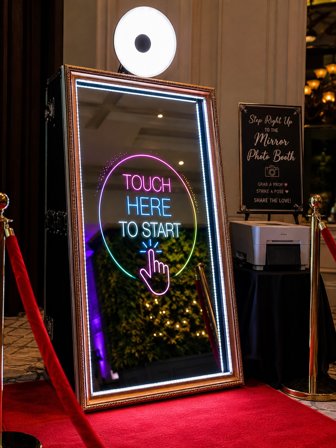 Interactive mirror photo booth with neon touch screen display on red carpet at elegant event venue.