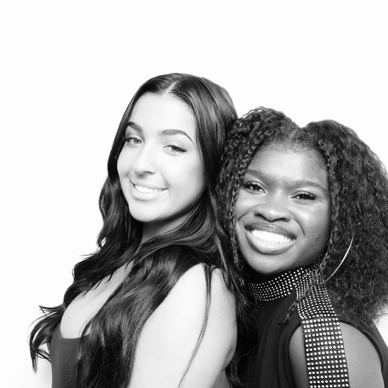Black and white portrait series showing joyful expressions and friendship.