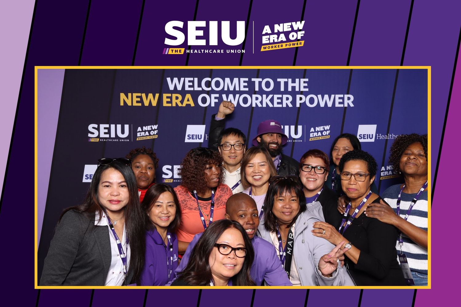 SEIU members gathered for a group photo at a New Era Worker Power event.