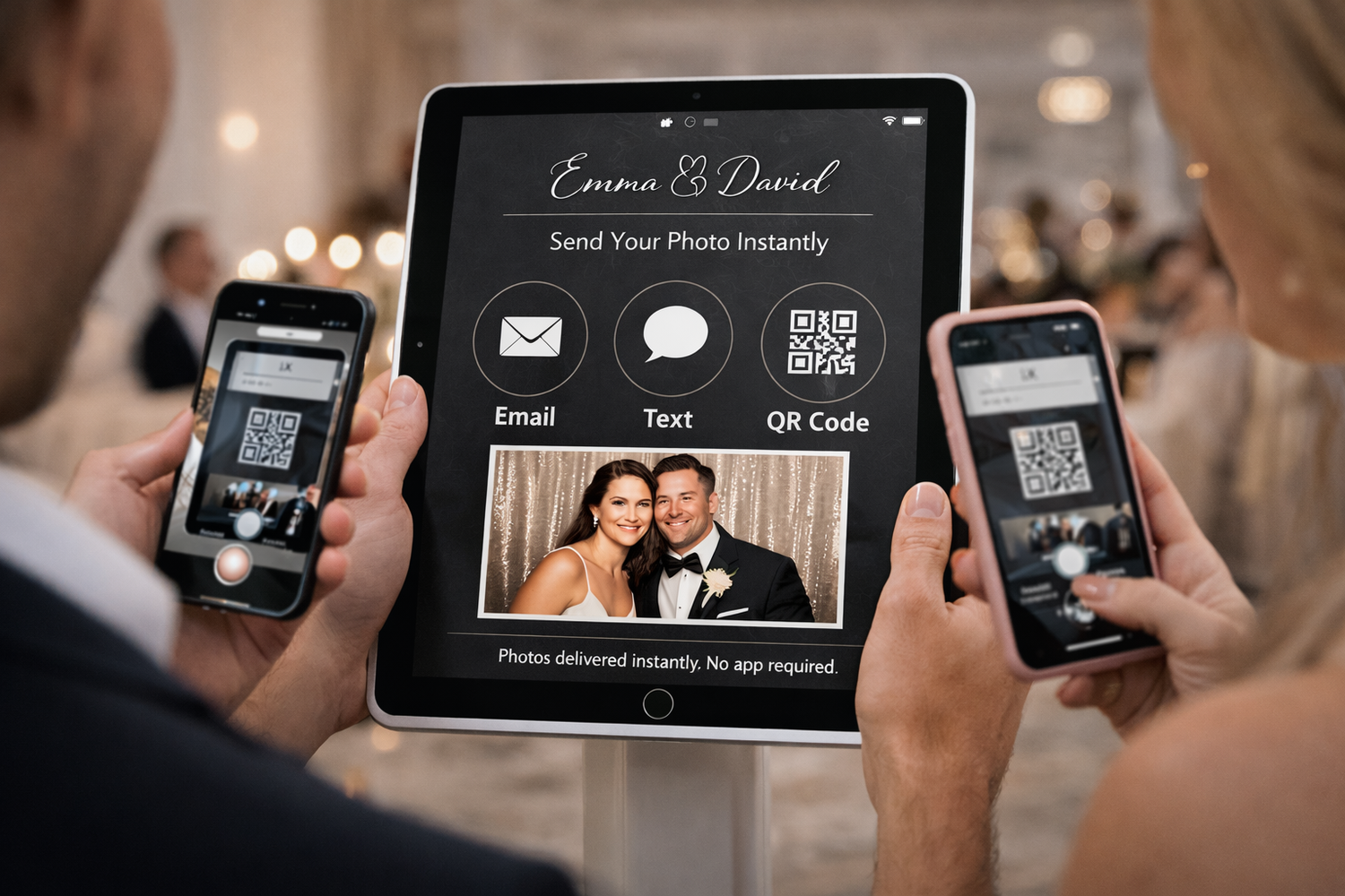 Wedding guests interacting with digital photo booth displays and QR codes.