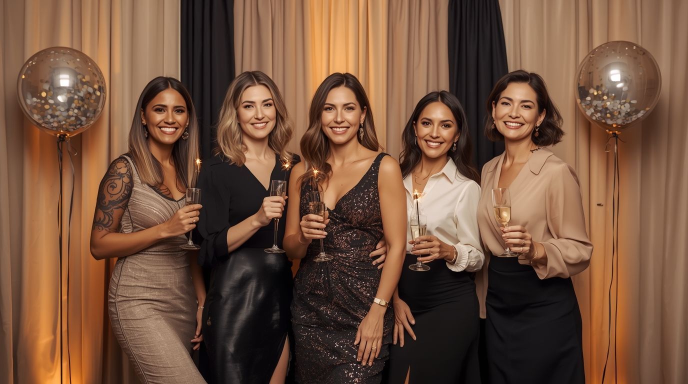 Toronto photo booth capture of friends in elegant evening attire posing at a celebration with silver balloons by Blissful Moments Creative.