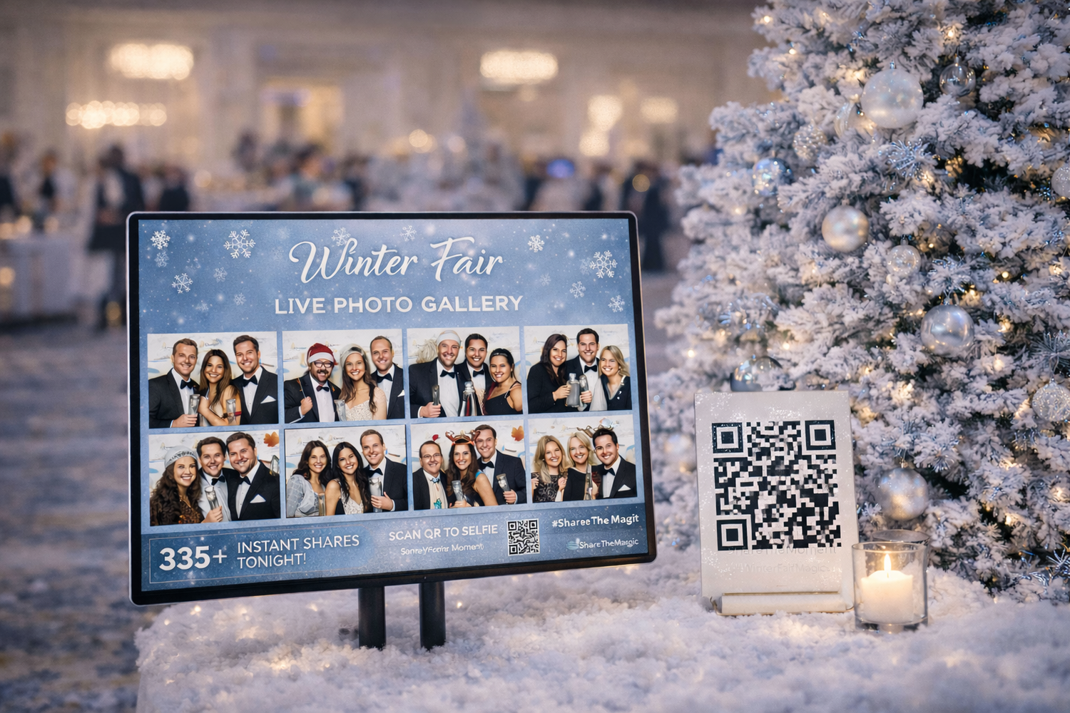 Winter-themed photo booth display with cherry blossoms and QR code integration.