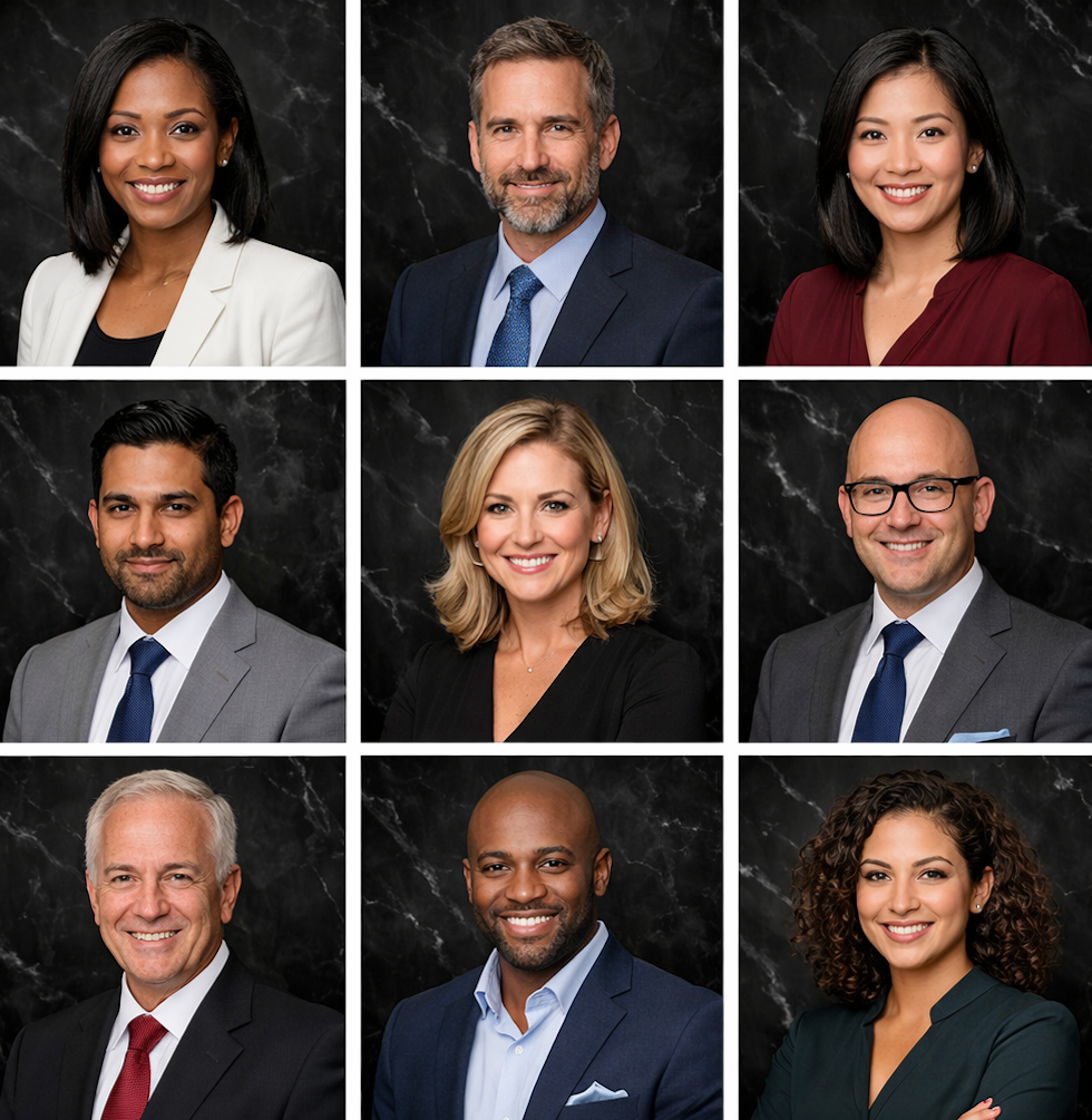 Professional corporate headshots arranged in a grid layout against dark backgrounds.
