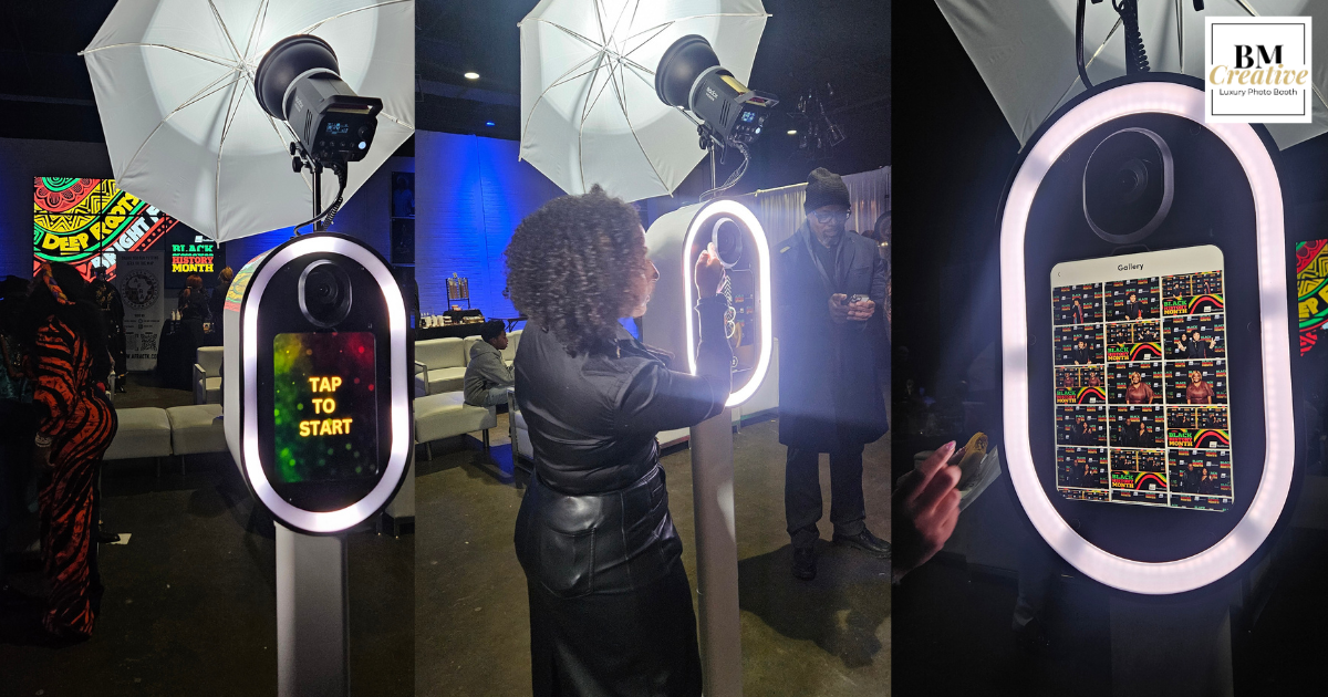A photo booth setup with illuminated oval frames and gaming displays showing colorful patterns and interactive elements.