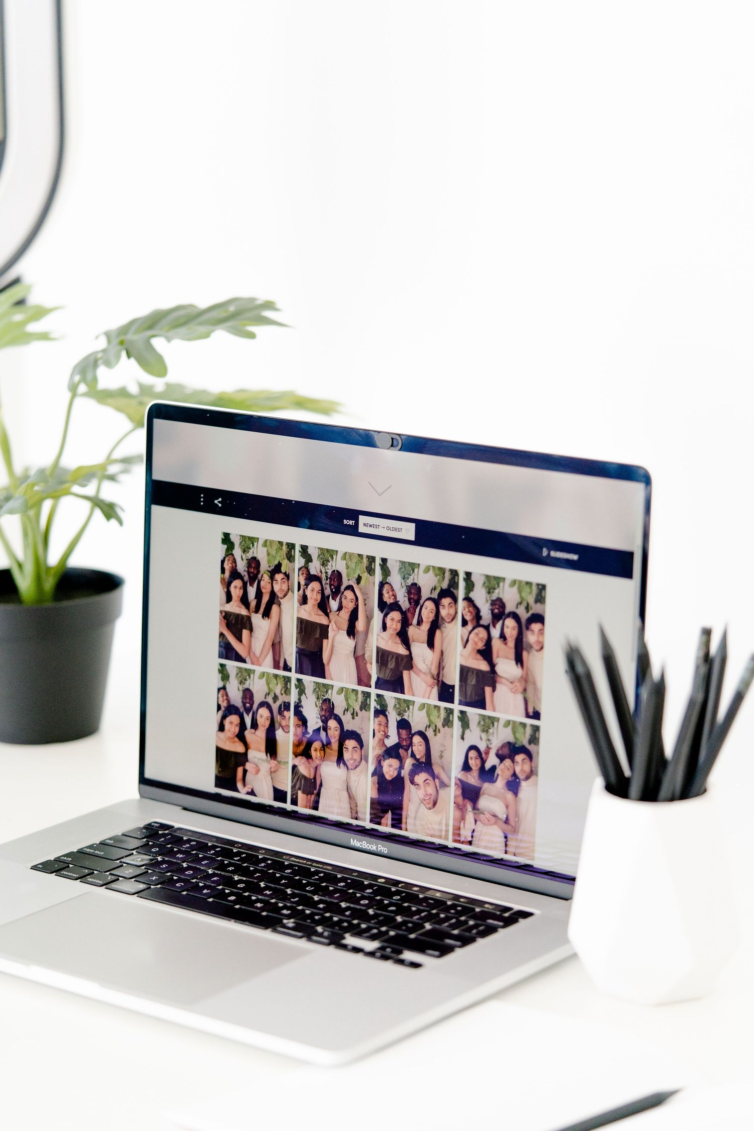 Laptop screens displaying photo collages on white desk with minimalist decor and small potted plant.