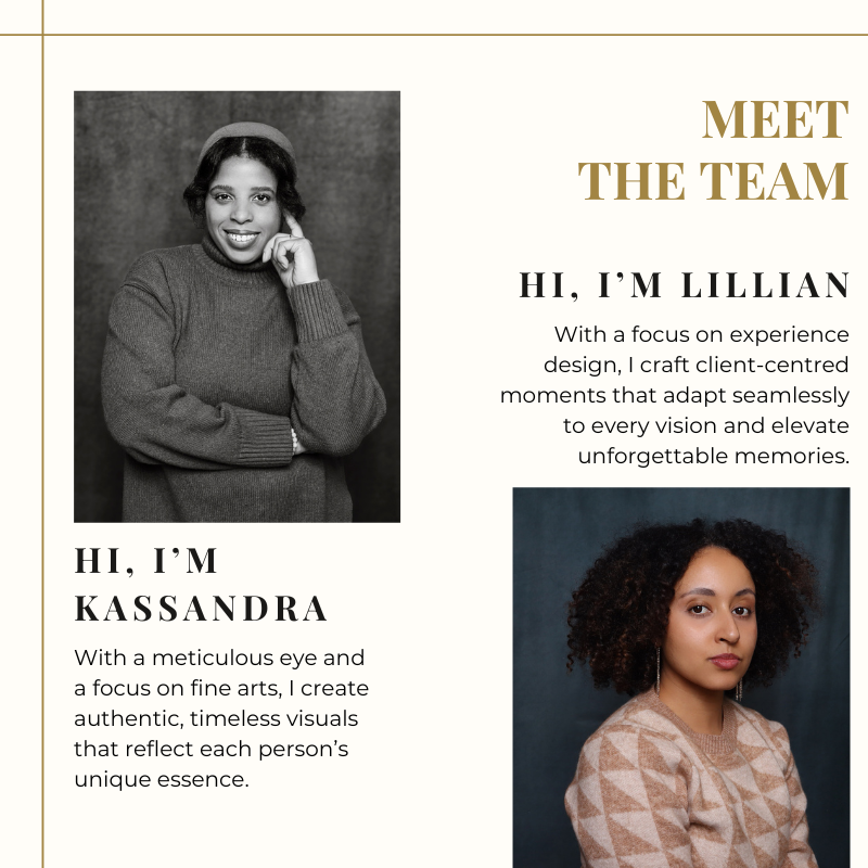 Professional headshots and team introduction page showing two women in elegant business attire.