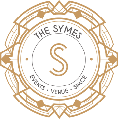 Art deco style gold decorative border designs featuring The Symes venue branding.