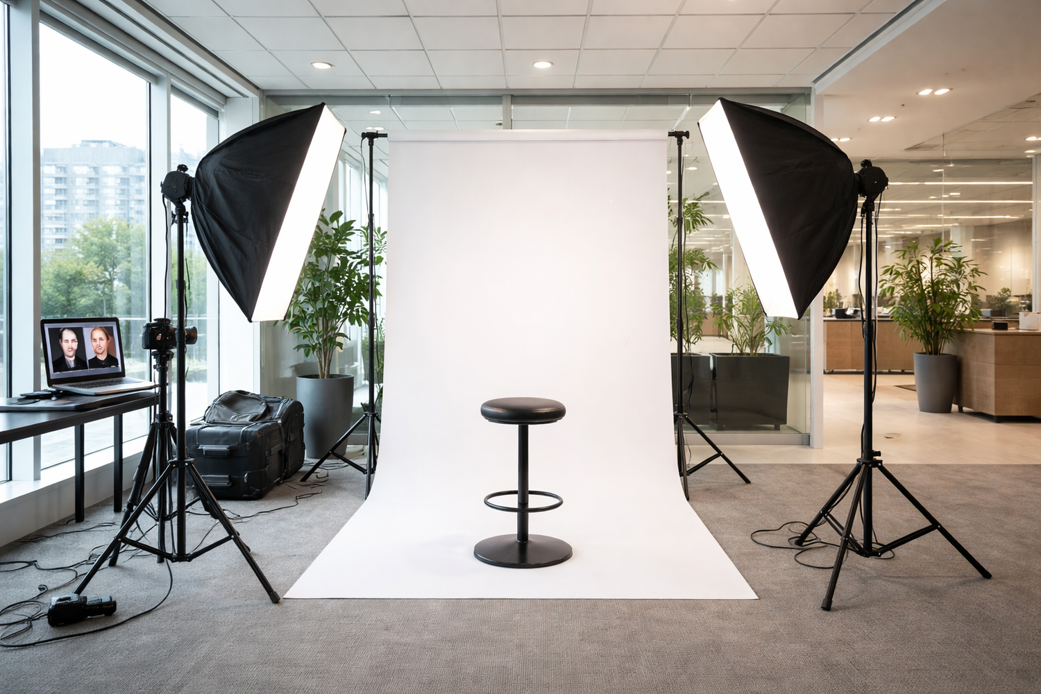 Professional photography studio setup with softbox lights, white backdrop, and black stool in a modern office space.