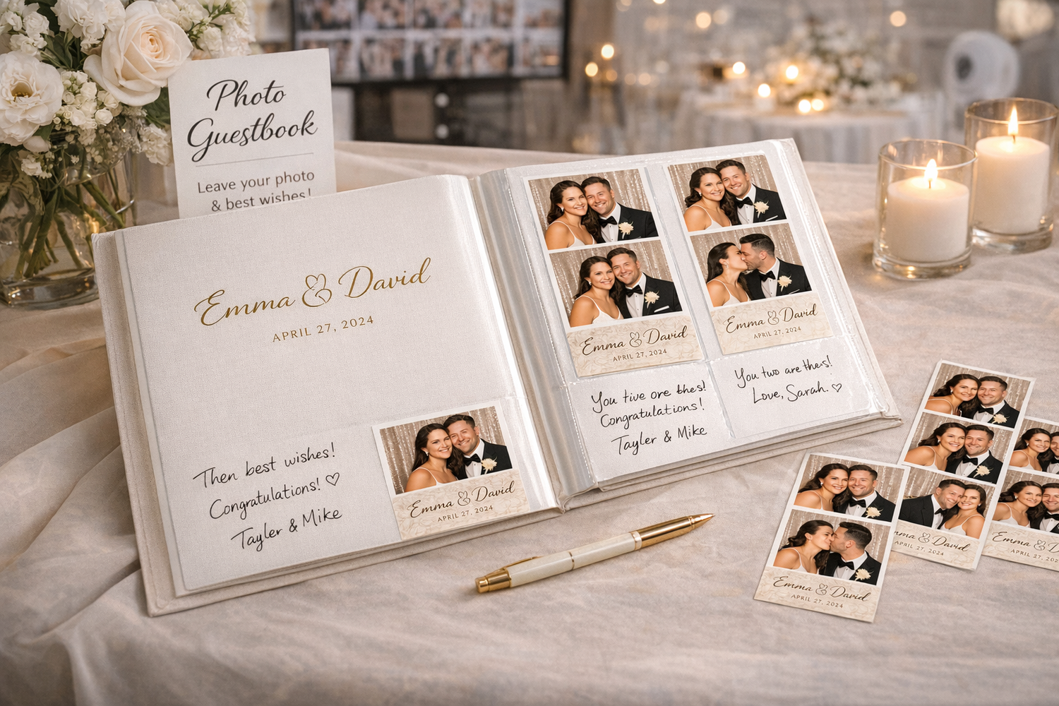 Elegant wedding photo booth prints with gold calligraphy and decorative elements.