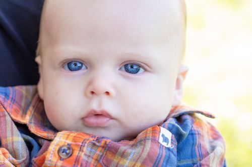 A baby with bright blue eyes looks into the camera, wearing a colorful plaid shirt. The background is softly blurred, giving a warm, gentle
