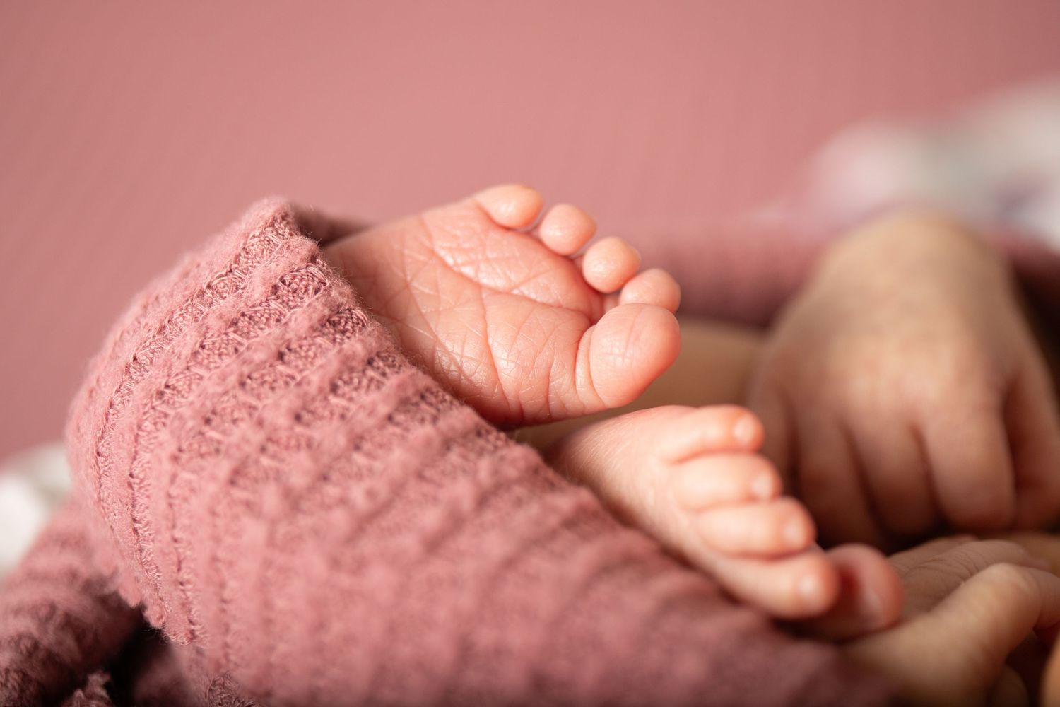 Close-up of a baby's tiny feet wrapped in a soft, pink textured blanket. The background and blanket create a warm, comforting atmosphere.