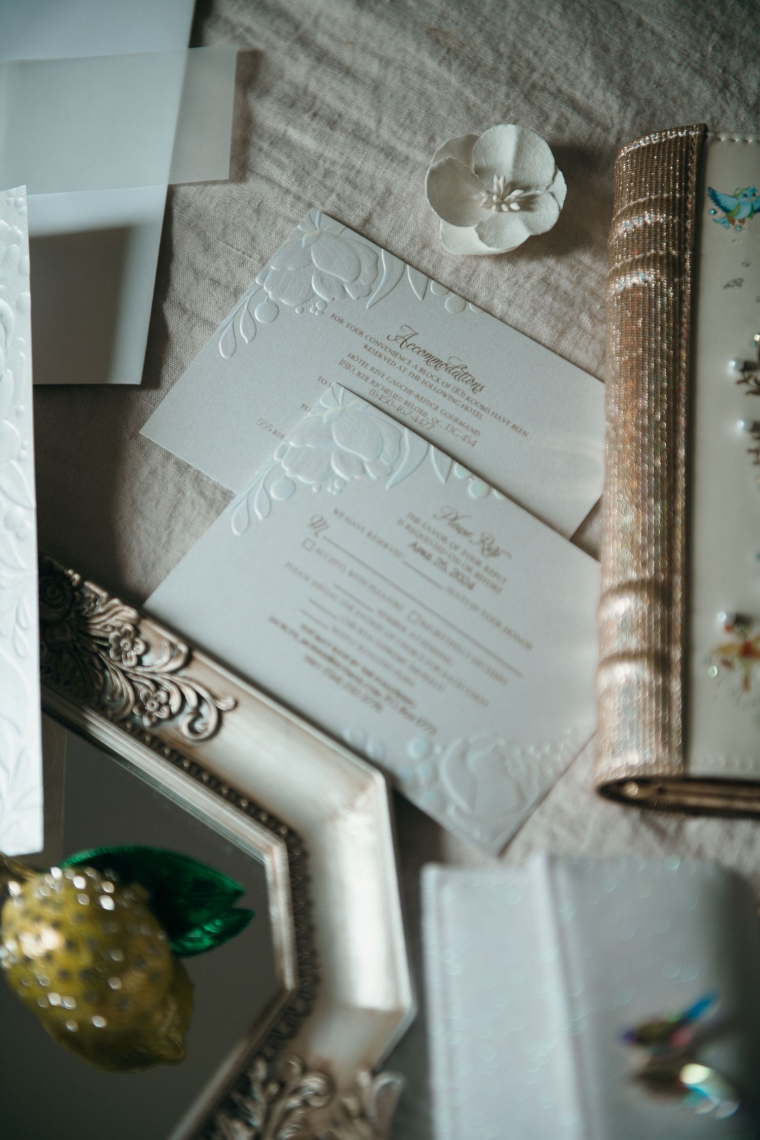 Bespoke wedding stationery suite with elegant typography, captured in a refined editorial style by Veronique Jones in Montreal