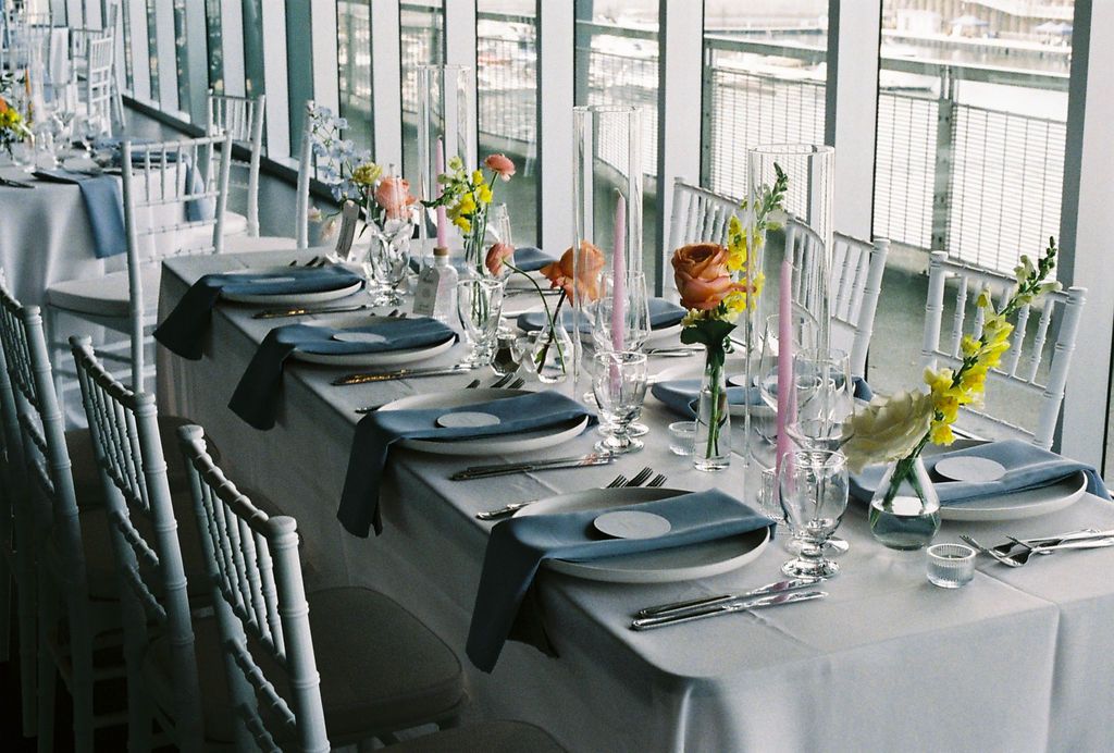 Wedding venue table scape 35mm film photography, reflecting the authentic and timeless style of Veronique Jones.