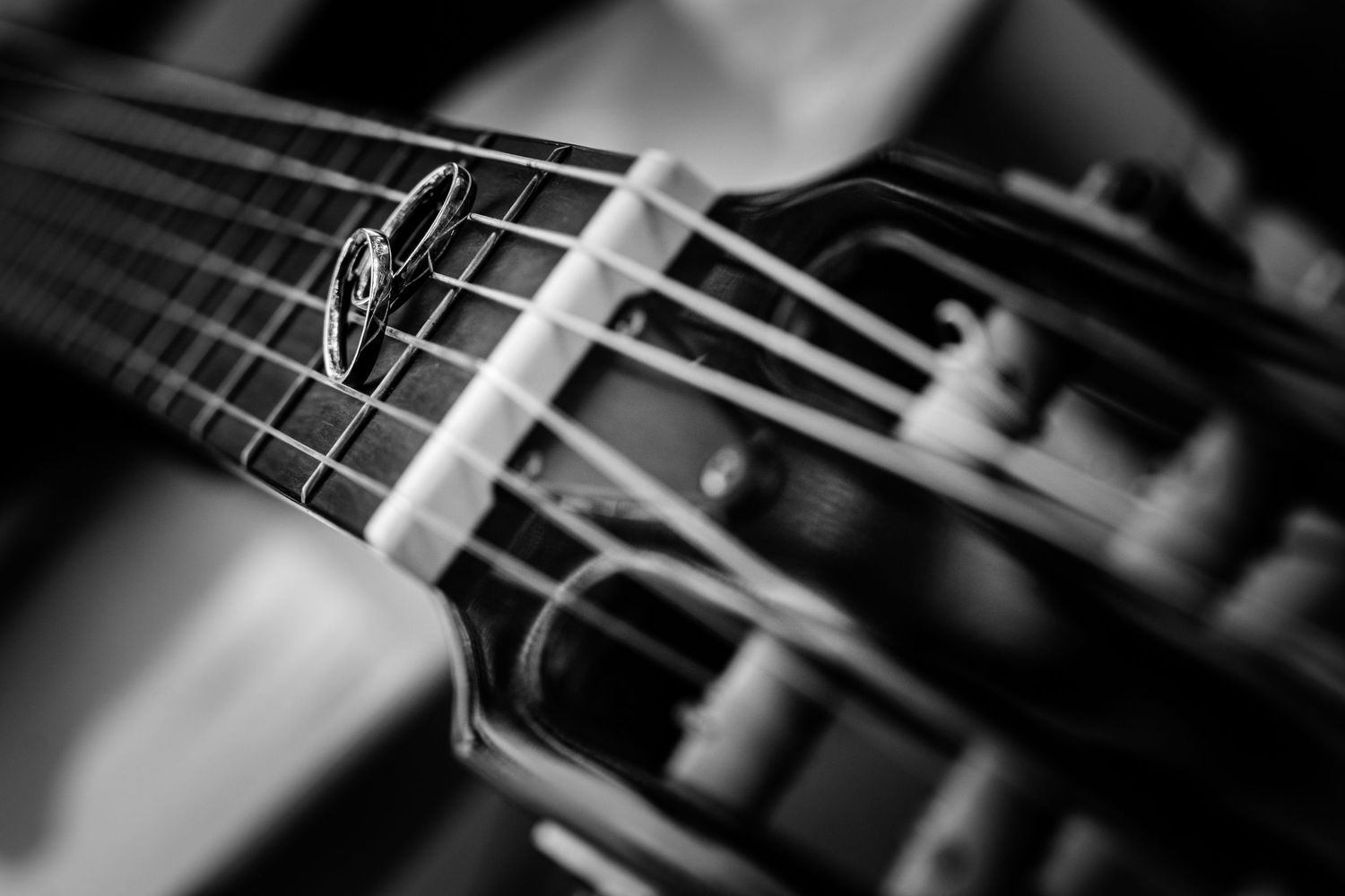 Close-up black and white photo of an electric guitar fretboard and strings.