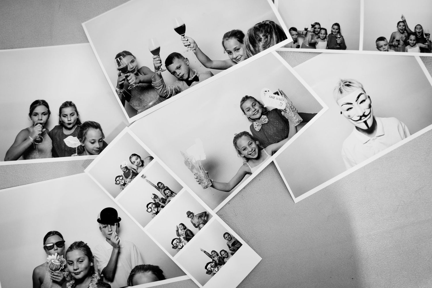 Black and white collage of fun photo booth pictures with groups of friends posing together.