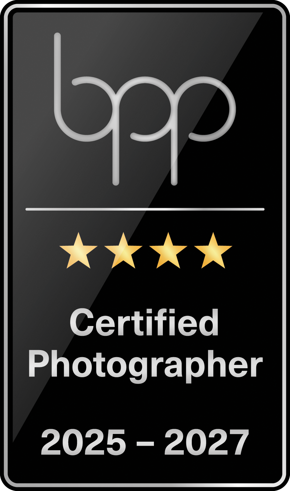 BPP four-star certified photographer badge for 2025-2027 on a sleek black background with gold stars.