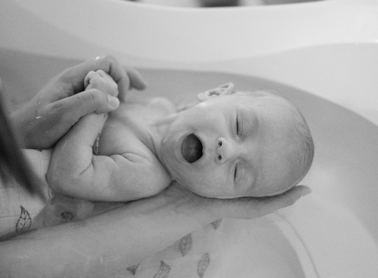 Black and white photo of a newborn baby being bathed in a tub, mouth open, supported by adult hands.