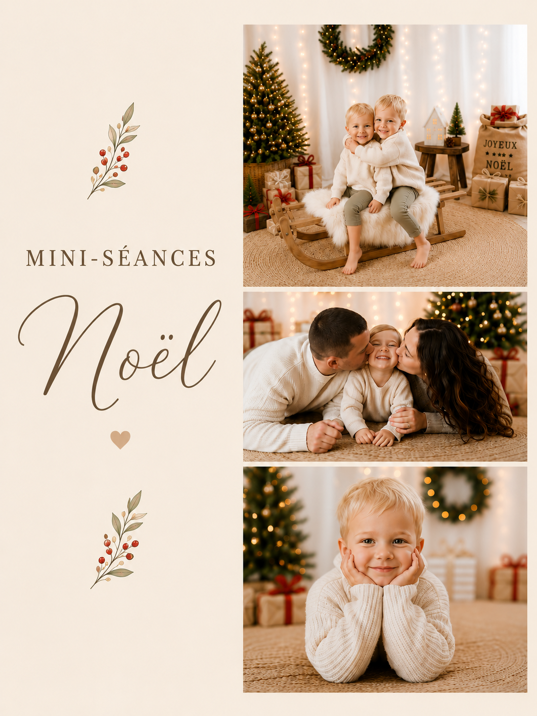 French Christmas mini photo sessions promotional card featuring festive family portraits with holiday decor and trees.