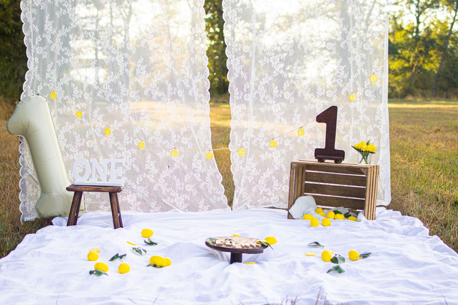 Outdoor first birthday cake smash setup with lace curtains, yellow flowers, wooden number 1, and white blanket.