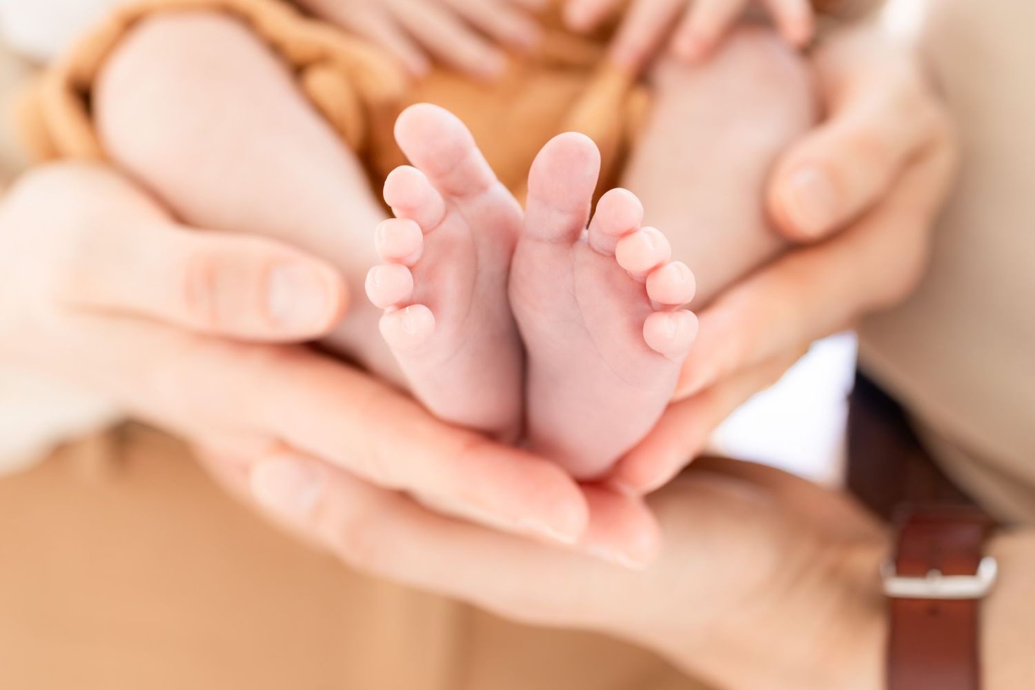 Close-up of newborn baby feet cradled gently in parents hands, symbolizing love and new family bond.